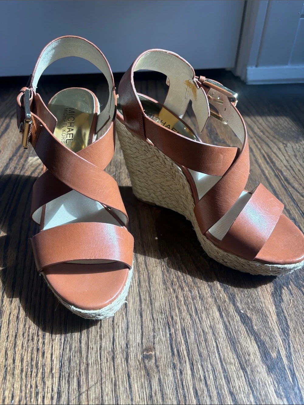 Michael Kors Celia Brown Leather Espadrille Wedge Sandals Size 7M
